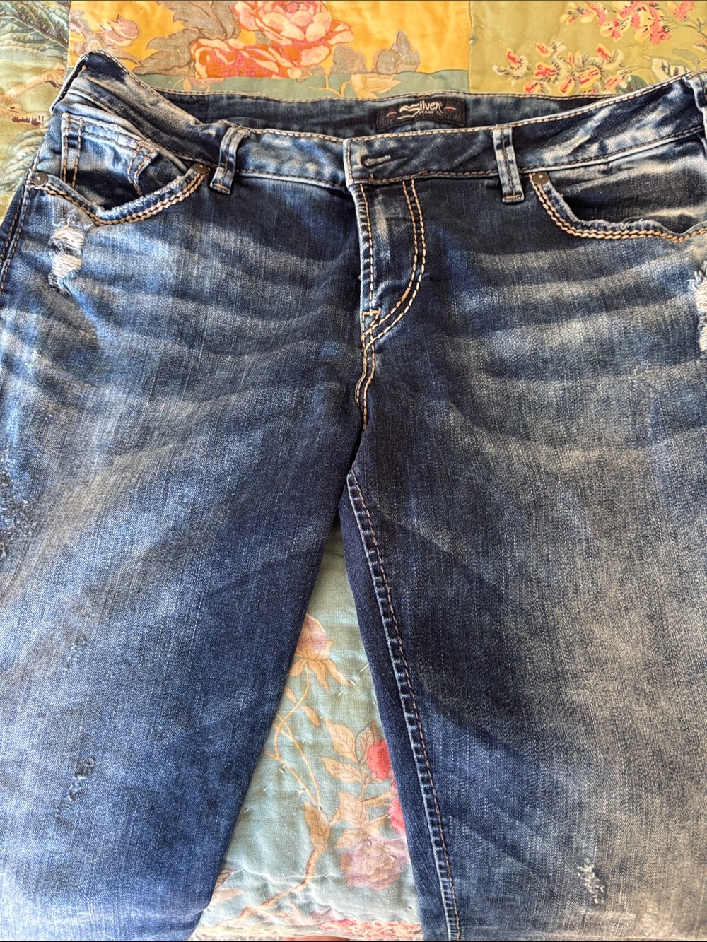 Silver Jeans Women's Straight Leg Distressed Indigo Denim